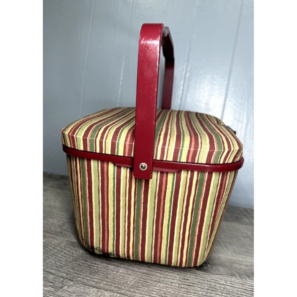 Vintage 70s Sewing Box Carrying Wood Handle Removable Plastic Tray & Extras Lot - Picture 15 of 16